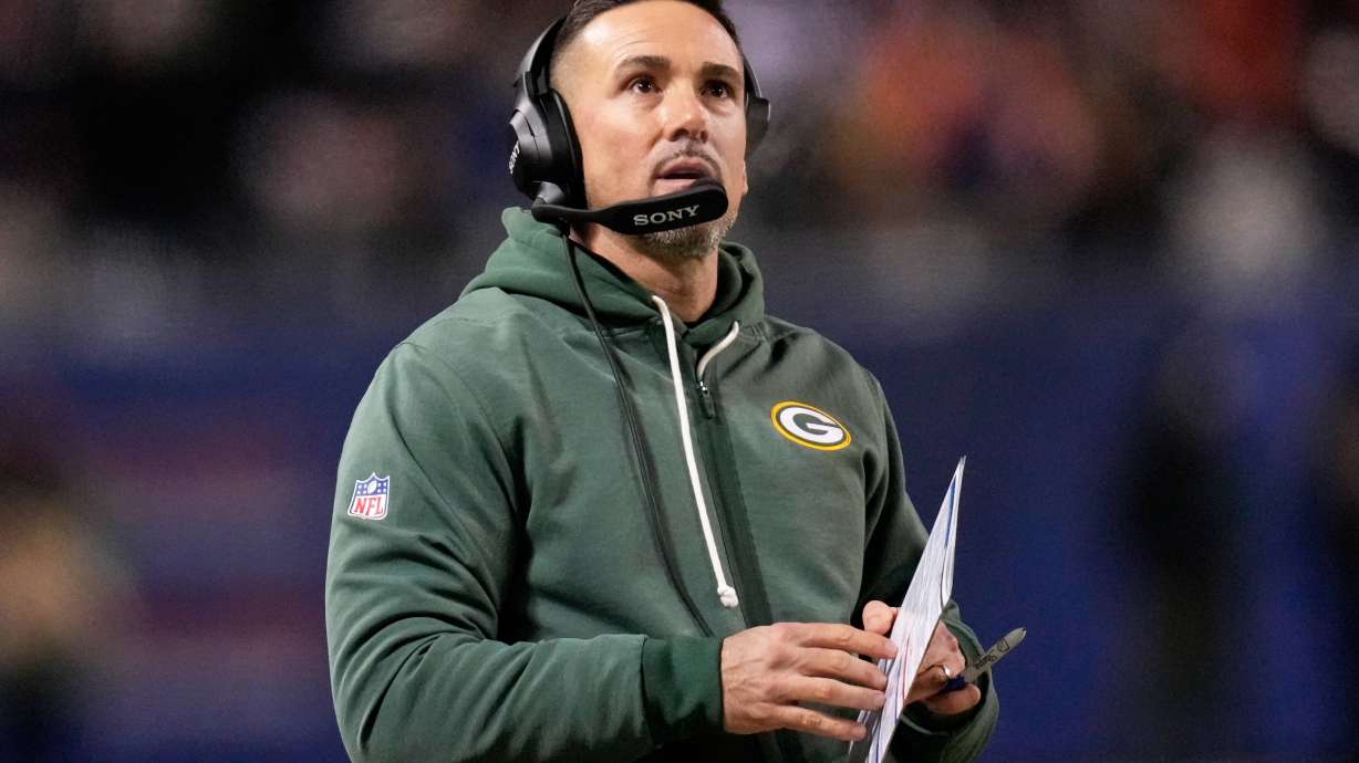 Green Bay Packers head coach Matt LaFleur reacts during the first half of an NFL wild-card playoff football game against the Chicago Bears Saturday, Jan. 10, 2026, in Chicago.