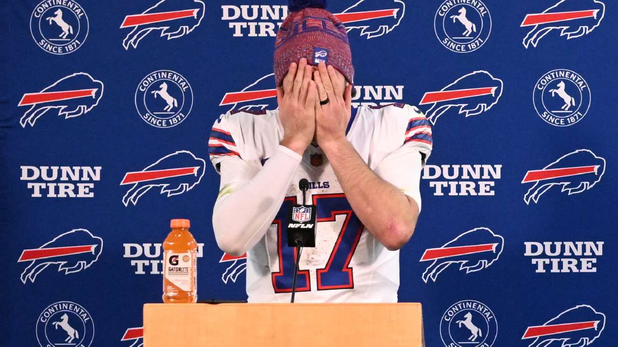 Buffalo Bills quarterback Josh Allen responds to questions during a news conference after an NFL divisional playoff game against the Denver Broncos, Saturday, Jan. 17, 2026, in Denver.