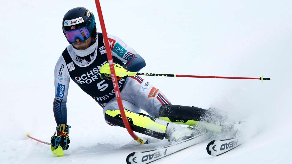Norway's Atle Lie McGrath competes in an alpine ski, men's World Cup slalom, in Wengen, Switzerland, Sunday, Jan. 18, 2026.