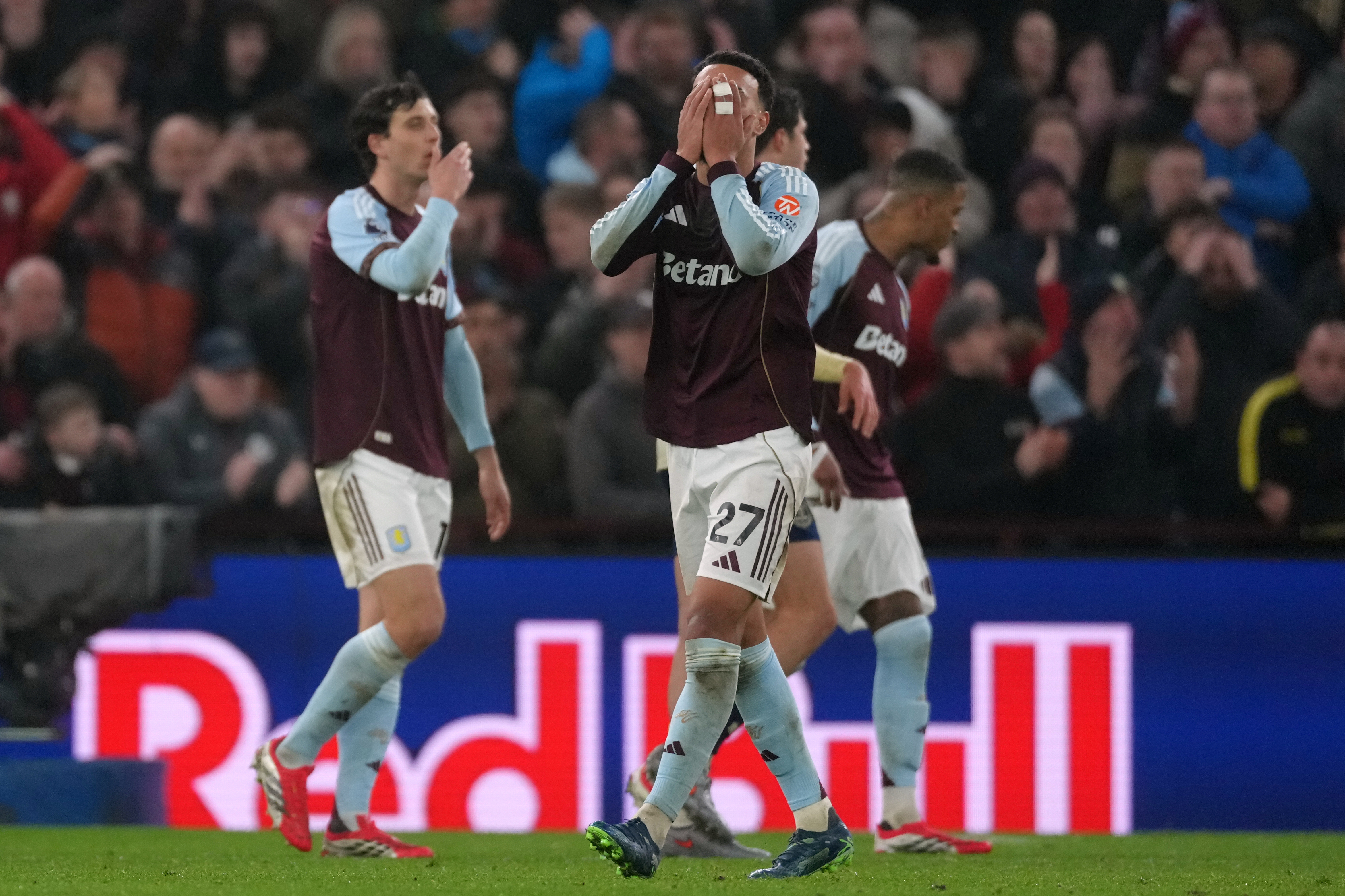 Aston Villa's Morgan Rogers reacts during the English Premier League soccer match between Aston Villa and Everton in Birmingham, Sunday, Jan. 18, 2026.