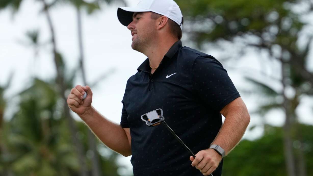 Chris Gotterup reacts after winning the Sony Open golf event at the Waialae Country Club in Honolulu, Sunday, Jan. 18, 2026.