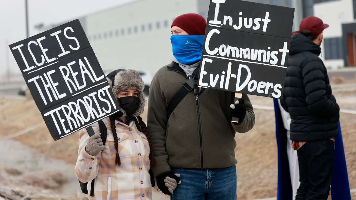 People protest Immigration Customs and Enforcement operations outside the site of a potential future immigrant detention center at 1197 N. 6880 West in Salt Lake City, Jan. 16. Ritchie Group, Salt Lake County Mayor Jenny Wilson, on Saturday, released statements concerning the warehouse.
