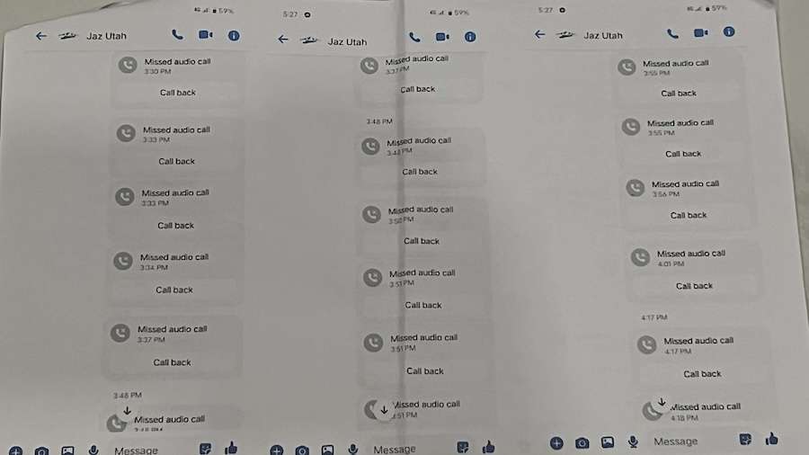 A screenshot showing missed calls from Jaz Utah.