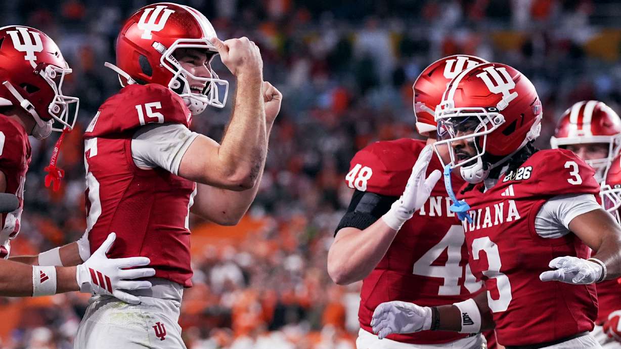 Indiana quarterback Fernando Mendoza celebrates after scoring against Miami during the second half of the College Football Playoff national championship game, Monday, Jan. 19, 2026, in Miami Gardens, Fla.