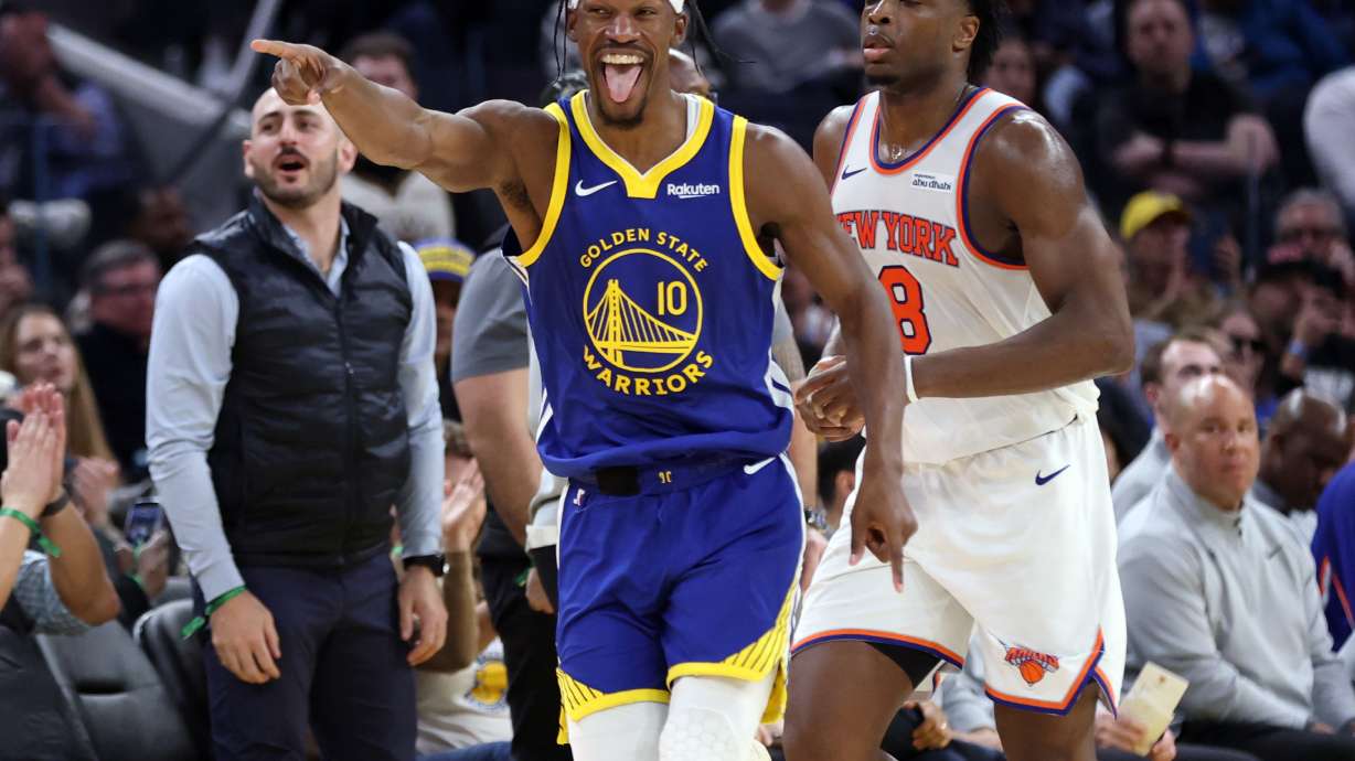 Golden State Warriors' Jimmy Butler III points at the bench after hitting a 3-pointer in 4th quarter of 126-113 win over New York Knicks in NBA game at Chase Center in San Francisco on Thursday, Jan. 15, 2026.