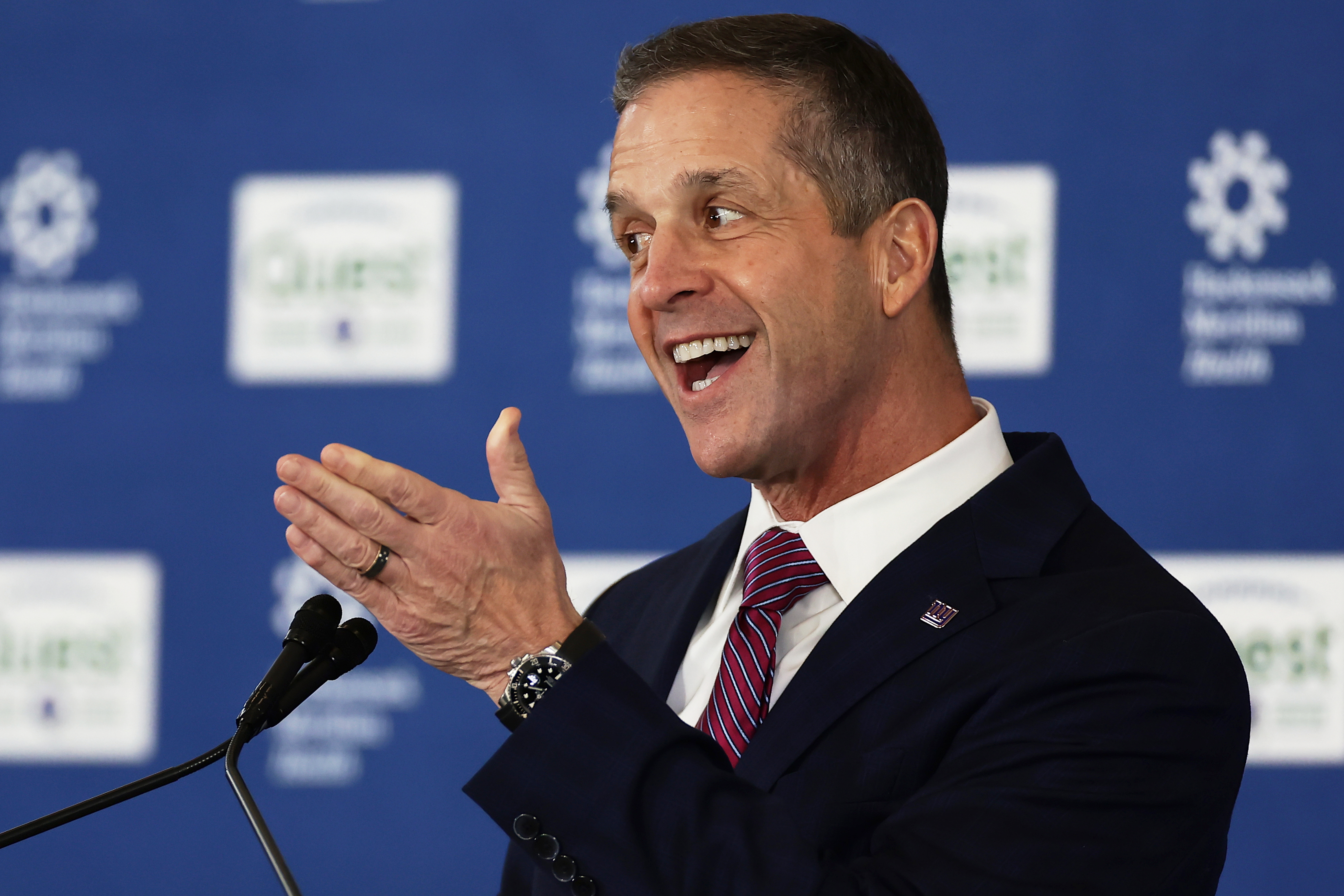 New York Giants head coach John Harbaugh speaks to the media after being introduced during a news conference at the teams NFL football training facility Tuesday, Jan. 20, 2026, in East Rutherford, N.J. 
