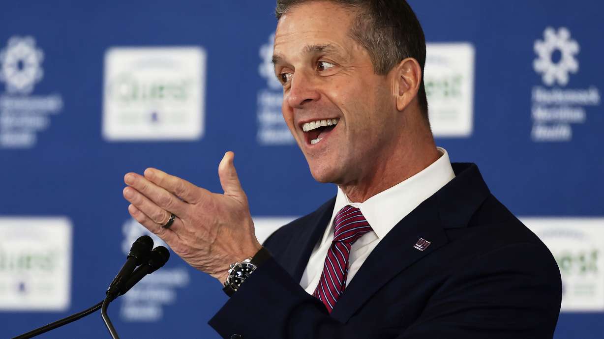 New York Giants head coach John Harbaugh speaks to the media after being introduced during a news conference at the teams NFL football training facility Tuesday, Jan. 20, 2026, in East Rutherford, N.J.