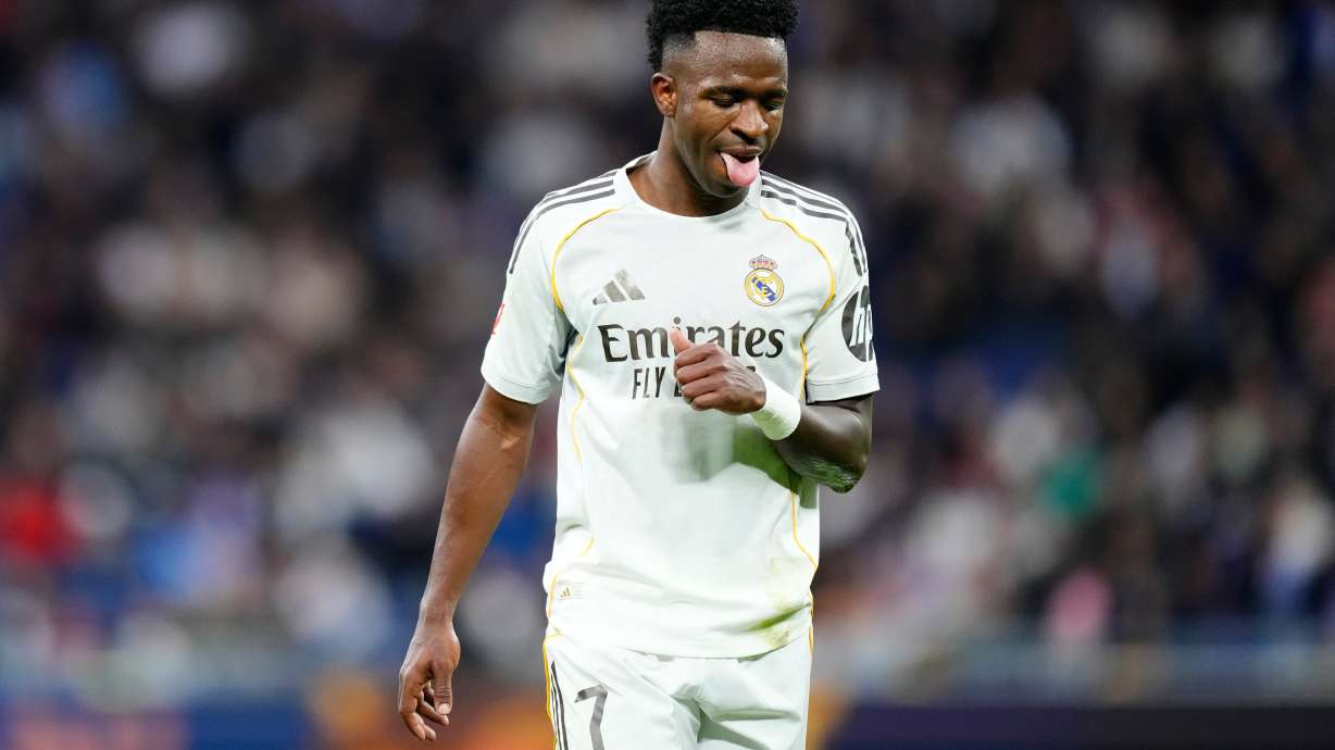 Real Madrid's Vinicius Junior reacts during the Spanish La Liga soccer match between Real Madrid and Levante in Madrid, Spain, Saturday, Jan. 17, 2026.