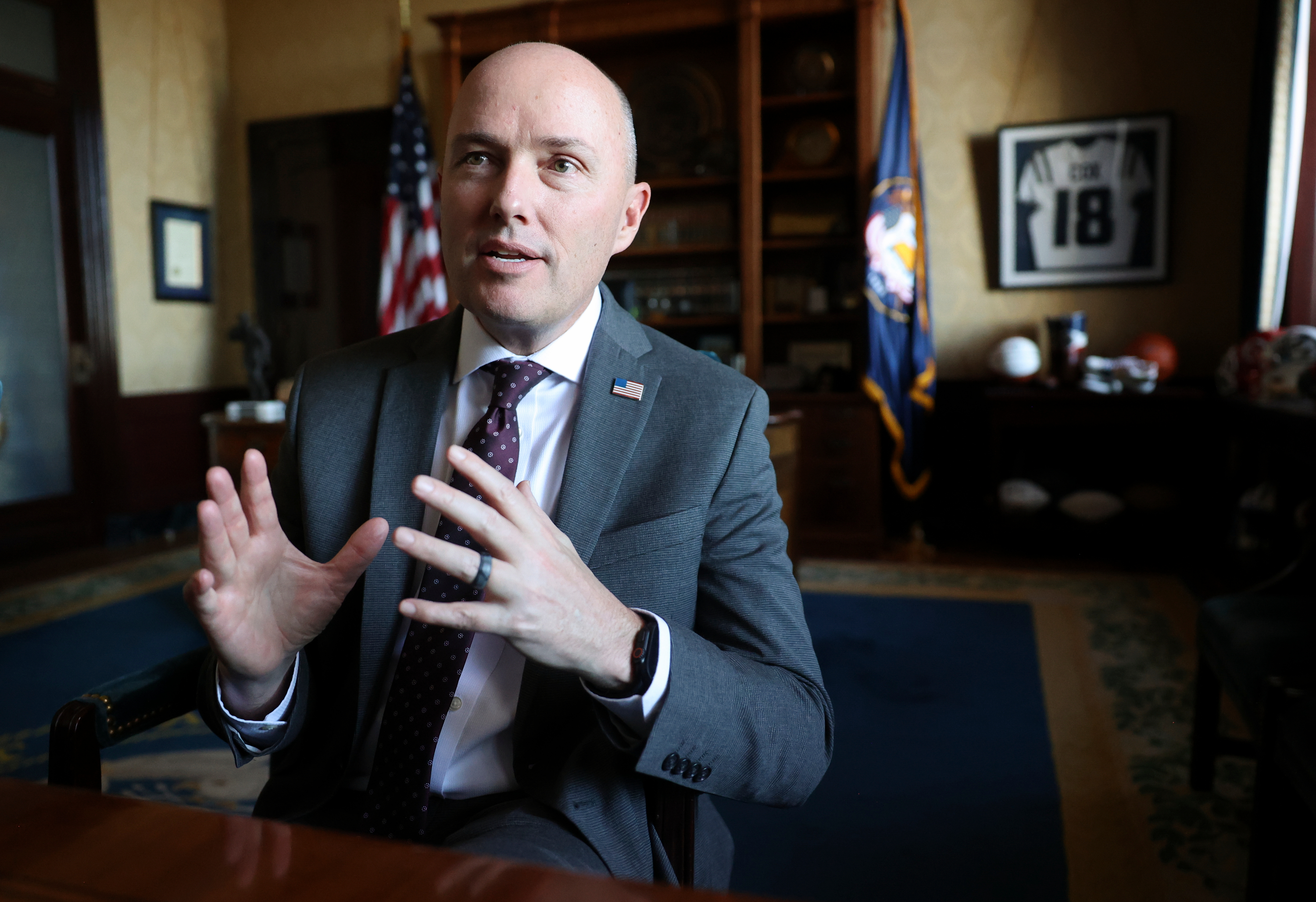 Gov. Spencer Cox answers interview questions in his office on the opening day of the 2026 legislative session at the Capitol in Salt Lake City on Tuesday.