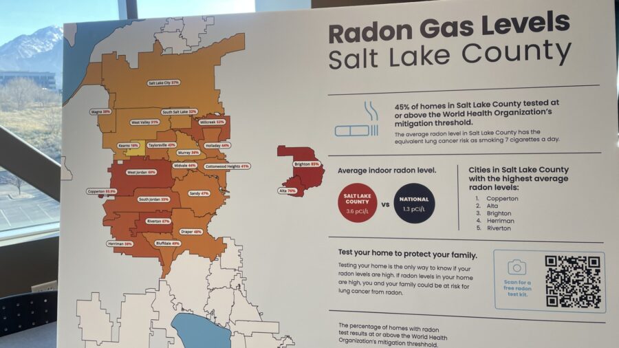A poster shows radon gas levels throughout Salt Lake County at an event raising awareness about radon exposure, Tuesday. Experts are again urging homeowners to test for the gas.