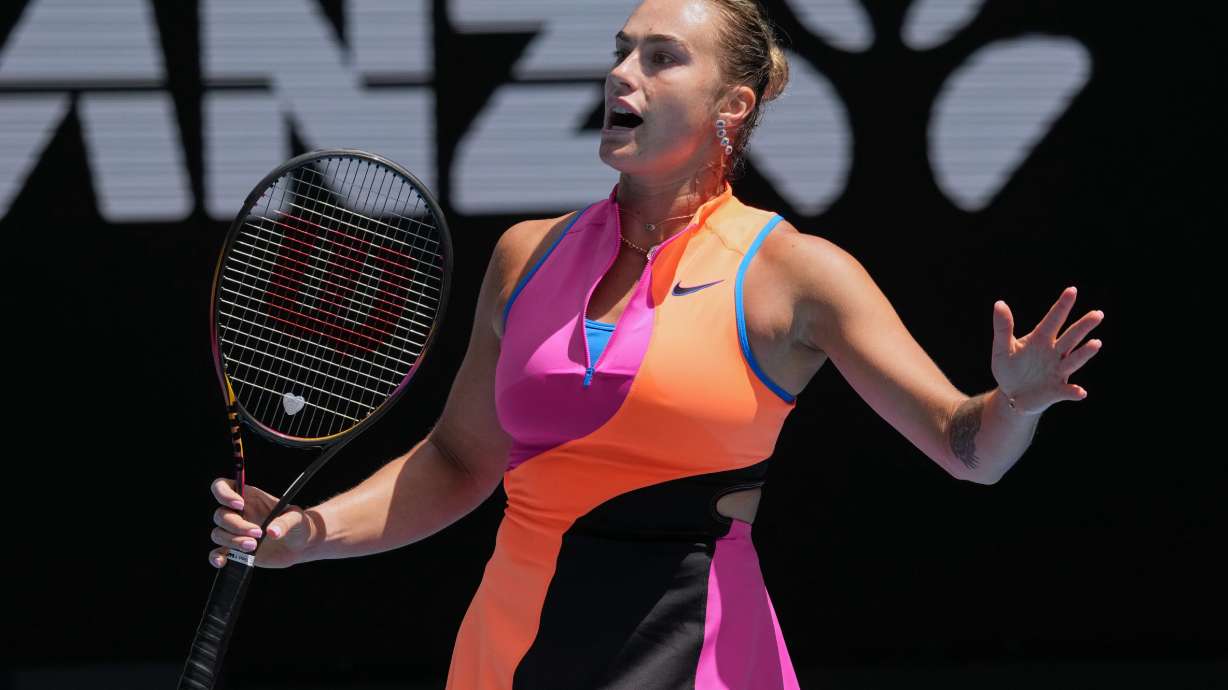 Aryna Sabalenka of Belarus reacts during her second round match against Bai Zhuoxuan of China at the Australian Open tennis championship in Melbourne, Australia, Wednesday, Jan. 21, 2026.