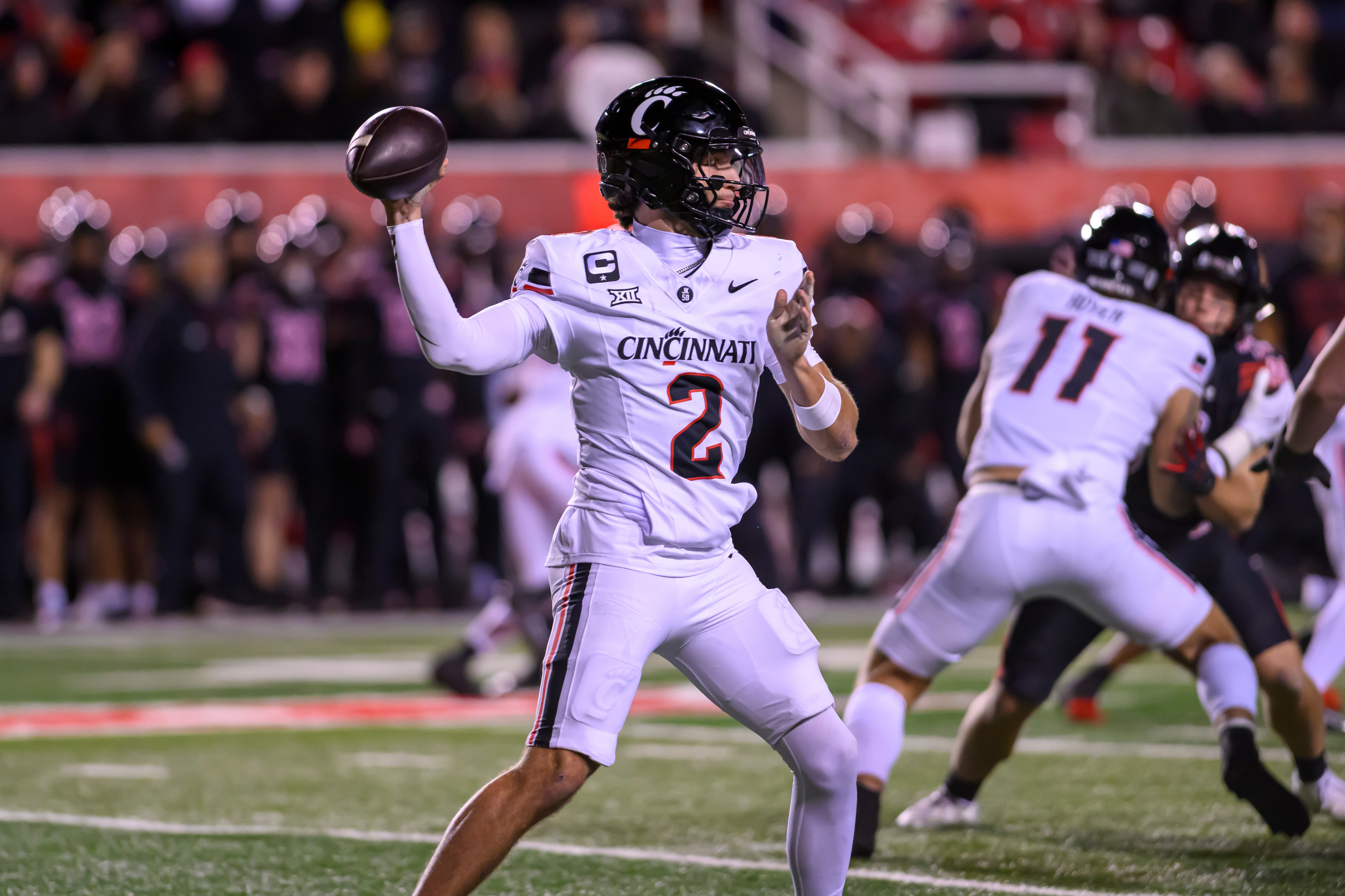 FILE - Cincinnati quarterback Brendan Sorsby (2) throws the football during the first half an NCAA college football game, Saturday against Utah, Nov. 1, 2025, in Salt Lake City, Utah. 