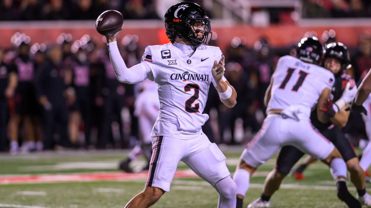 FILE - Cincinnati quarterback Brendan Sorsby (2) throws the football during the first half an NCAA college football game, Saturday against Utah, Nov. 1, 2025, in Salt Lake City, Utah.