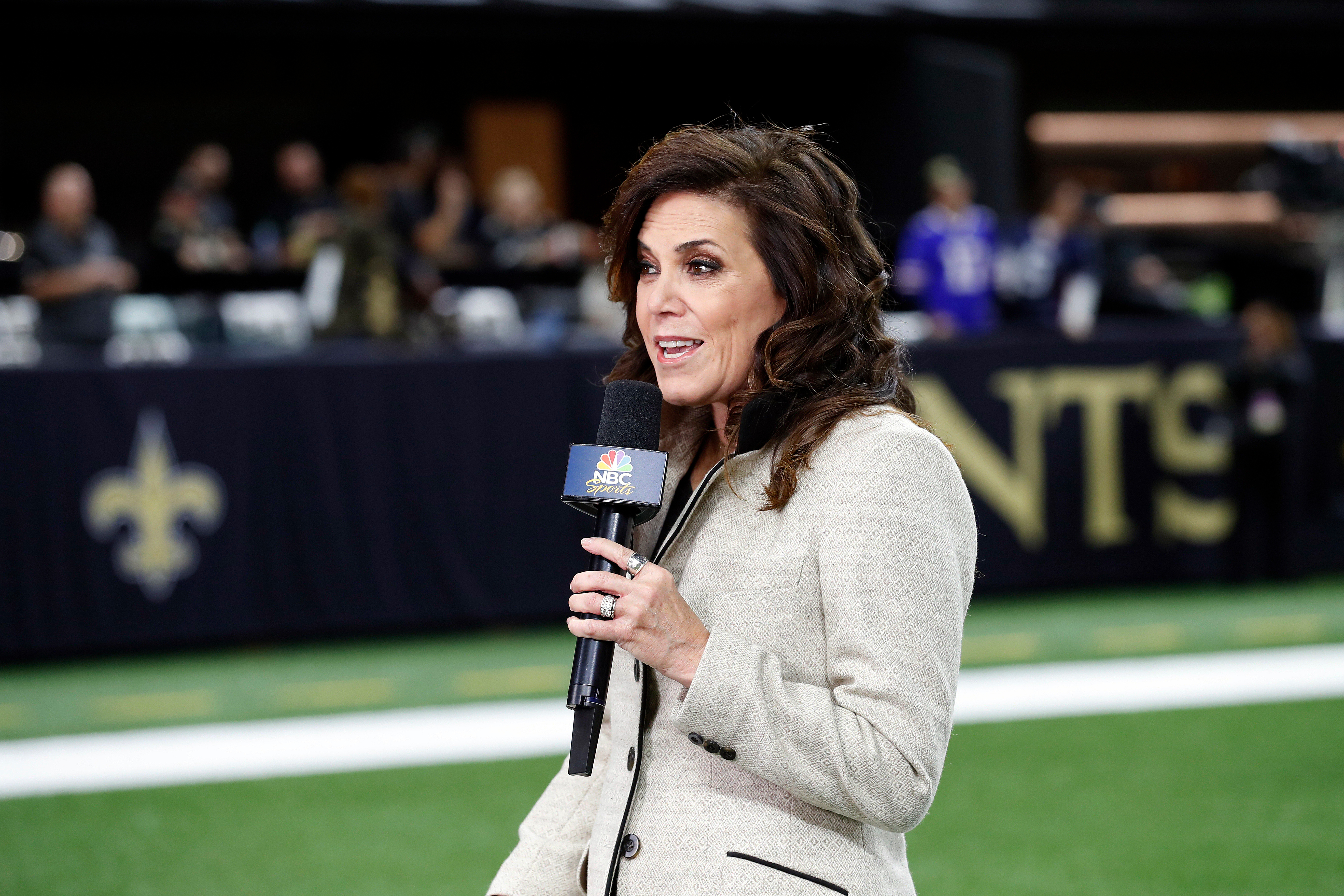 FILE - NBC Sports reporter Michele Tafoya is seen before an NFL football game between the New Orleans Saints and the Buffalo Bills, Thursday, Nov. 25, 2021, in New Orleans. 