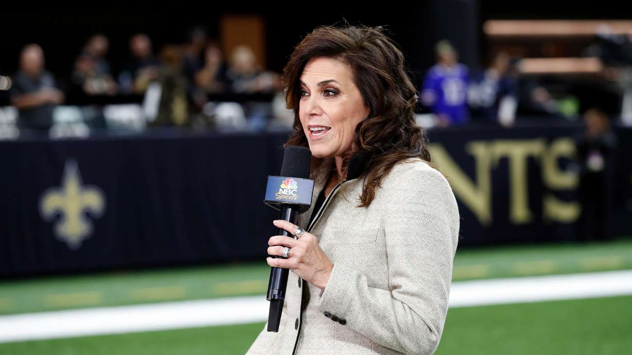 FILE - NBC Sports reporter Michele Tafoya is seen before an NFL football game between the New Orleans Saints and the Buffalo Bills, Thursday, Nov. 25, 2021, in New Orleans.