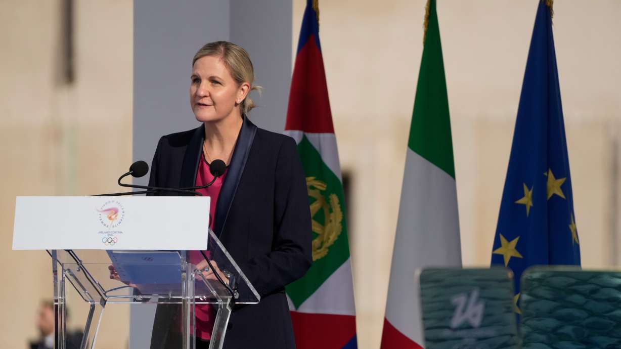 FILE - International Olympic Committee President Kirsty Coventry delivers her speech during the Milan Cortina 2026 Winter Olympics cauldron lighting, in front of the Quirinale Presidential Palace, in Rome, Friday Dec. 5, 2025.