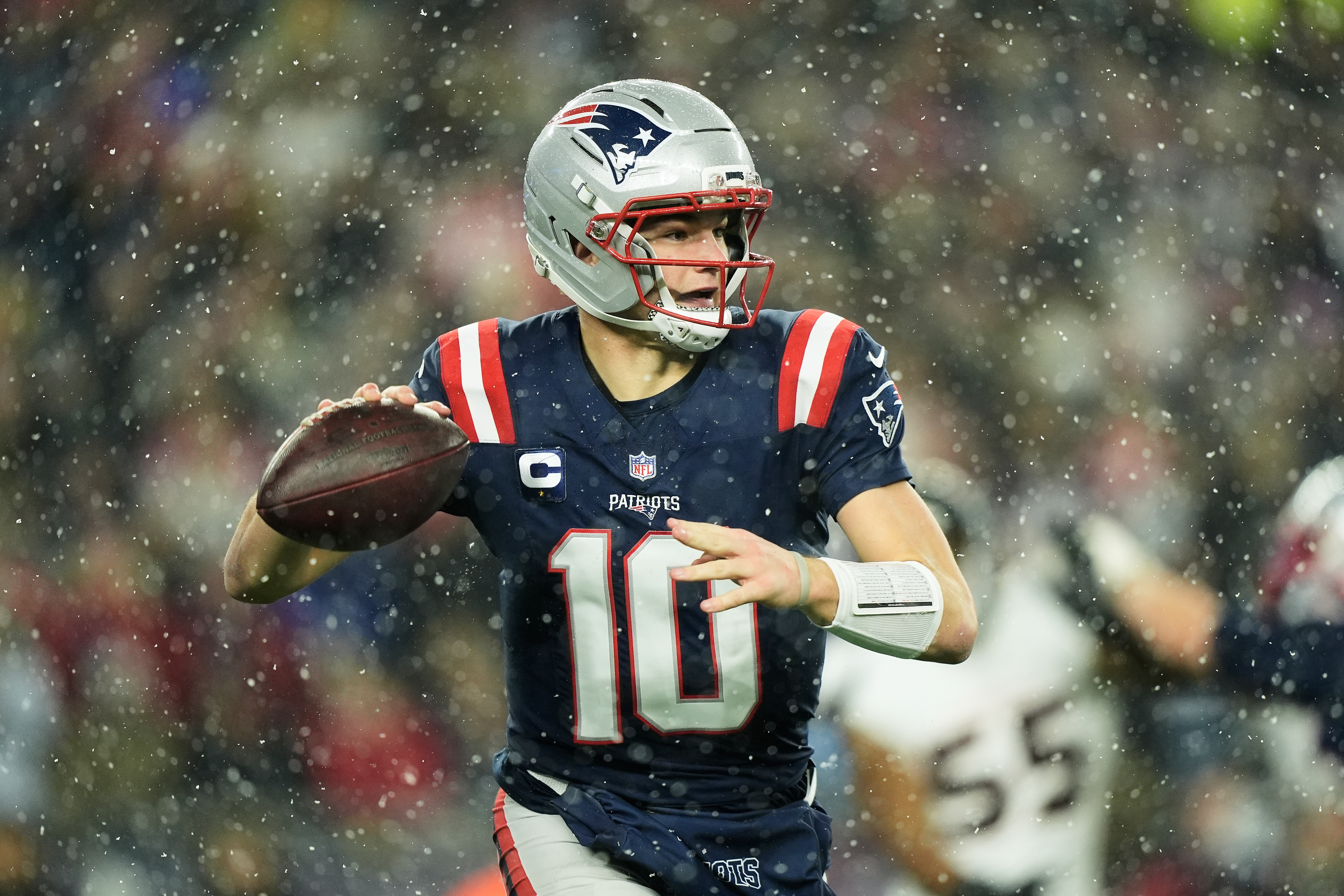 New England Patriots quarterback Drake Maye (10) passes against the Houston Texans during the second half of an NFL divisional playoff football game, Sunday, Jan. 18, 2026, in Foxborough, Mass. 