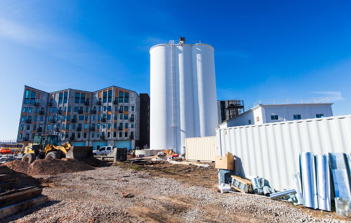 Construction of new buildings for "Silo Park" continues in Salt Lake City's Granary District on Tuesday.