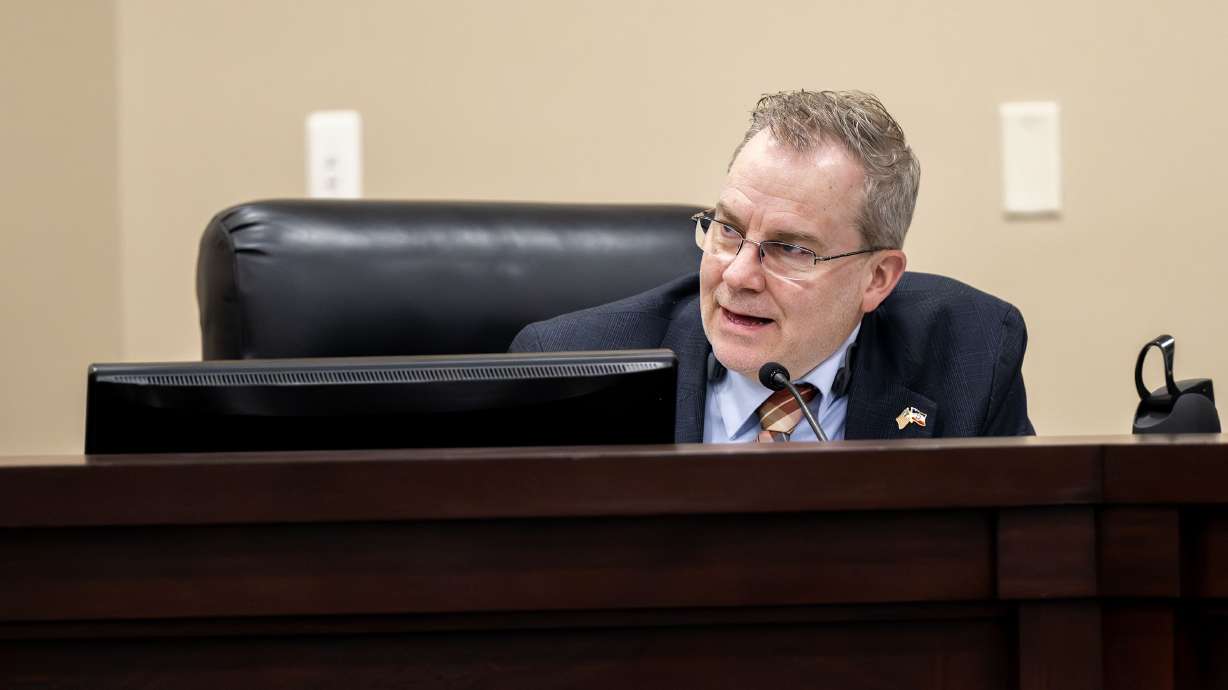 Sen. Lincoln Fillmore, R-South Jordan, presents in the Senate Education Committee on SB69, a bell-to-bell phone ban in Utah schools, in Salt Lake City on Wednesday.