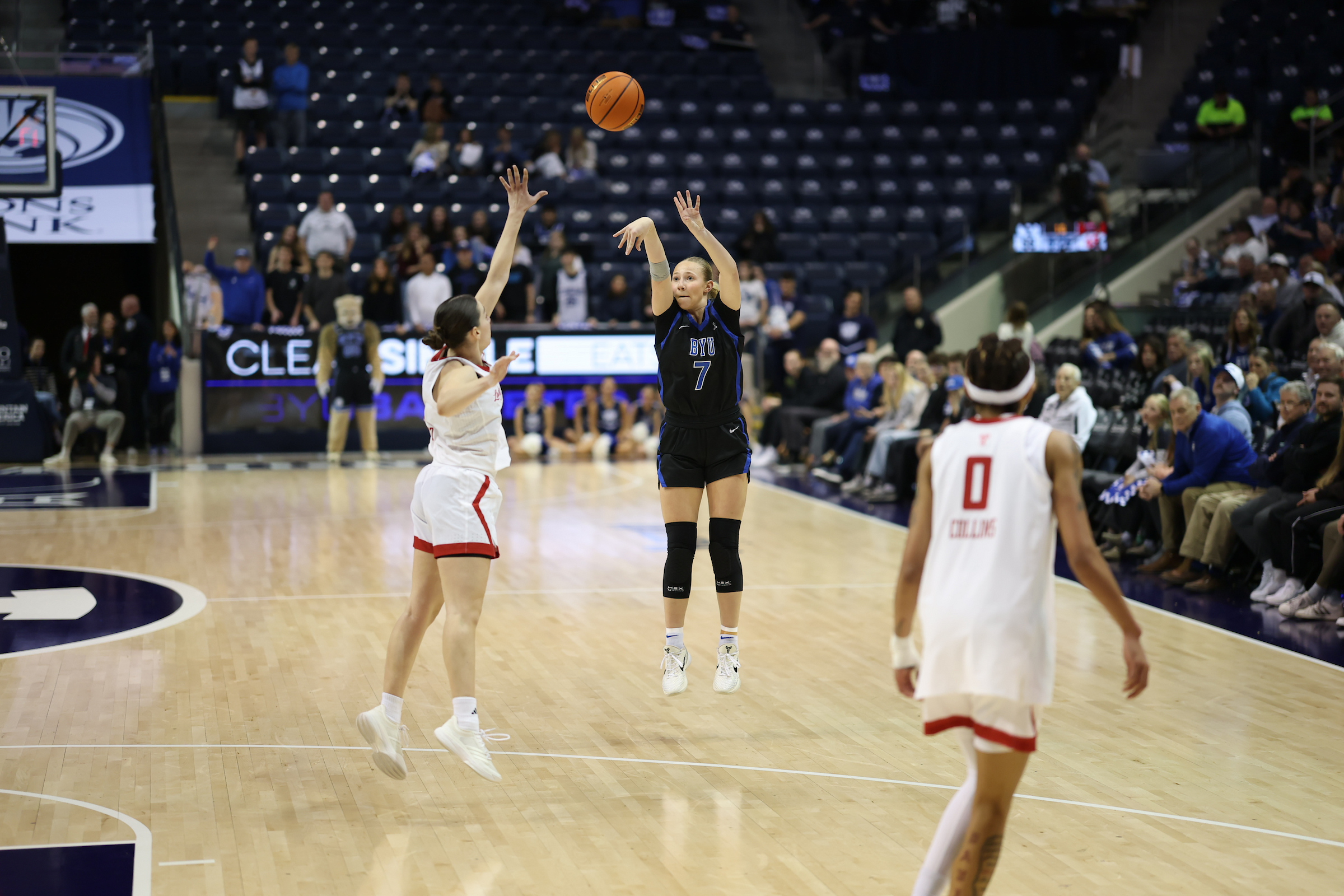 BYU guard Olivia Hamlin (7) takes a 3-pointer during a Big 12 women's basketball game against No. 19 Texas Tech, Wednesday, Jan. 21, 2026 in the Marriott Center in Provo, Utah.