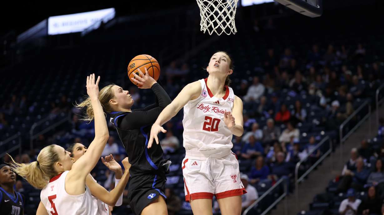 BYU guard Delaney Gibb puts up a shot during a Big 12 women's basketball game against No. 19 Texas Tech, Wednesday, Jan. 21, 2026 in the Marriott Center in Provo, Utah.