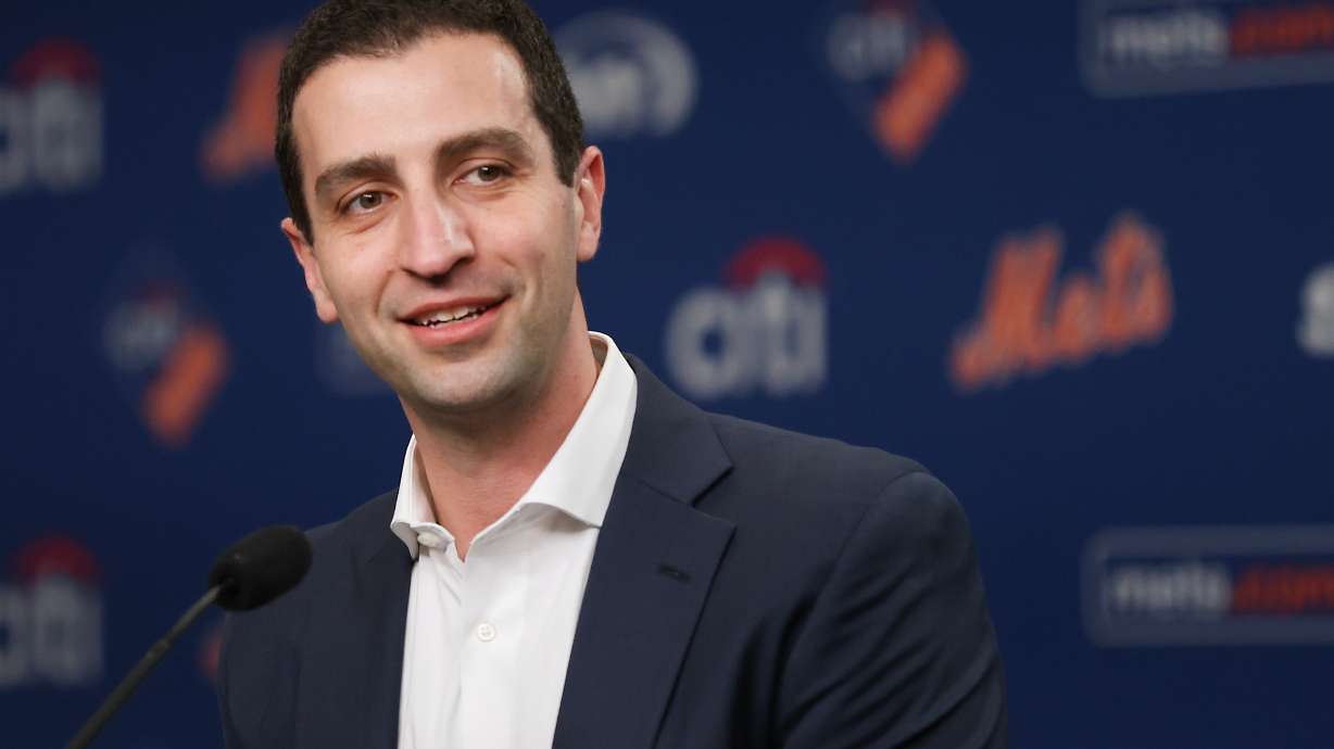 David Stearns, President of Baseball Operations for the New York Mets, speaks during an introductory press conference for Bo Bichette, Wednesday, Jan. 21, 2026, in New York.