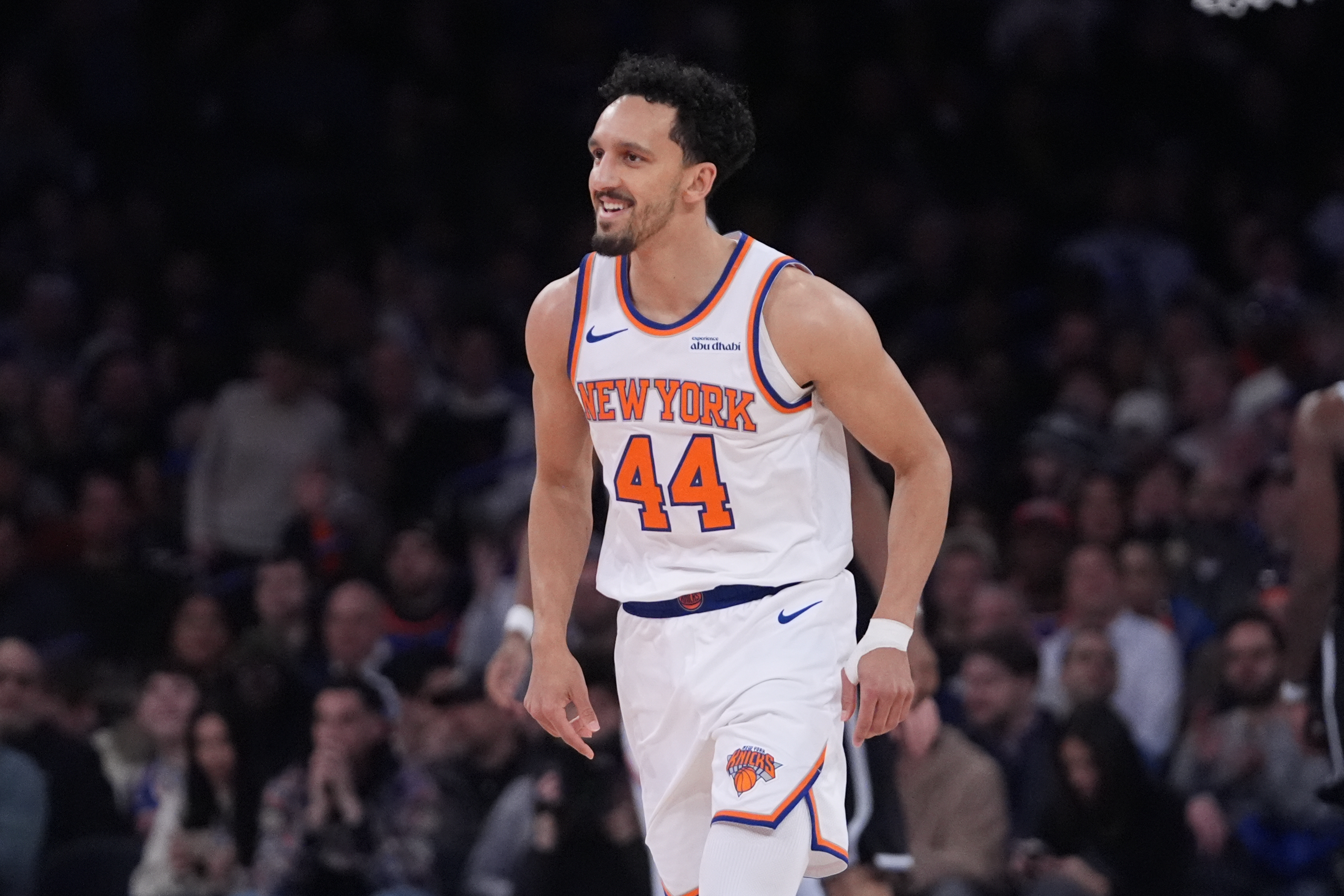 New York Knicks' Landry Shamet smiles after making a three-point shot during the second half of an NBA basketball game against the Brooklyn Nets Wednesday, Jan. 21, 2026, in New York. 