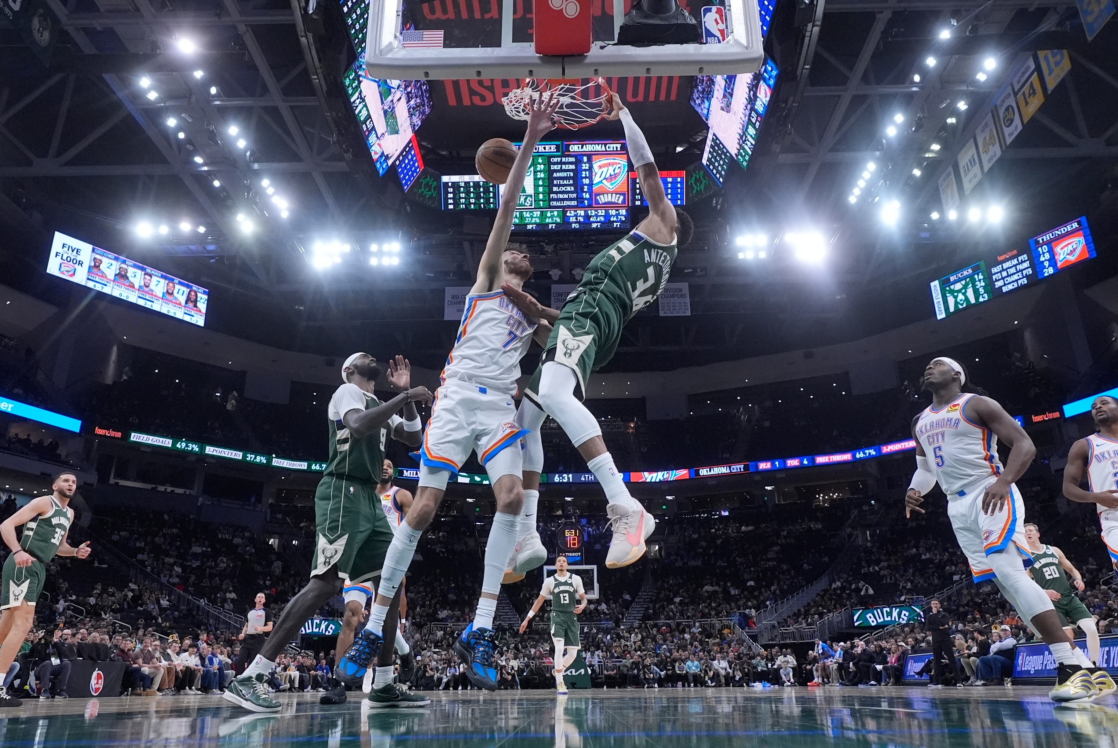Milwaukee Bucks' Giannis Antetokounmpo dunks over Oklahoma City Thunder's Chet Holmgren during the second half of an NBA basketball game Wednesday, Jan. 21, 2026, in Milwaukee. 