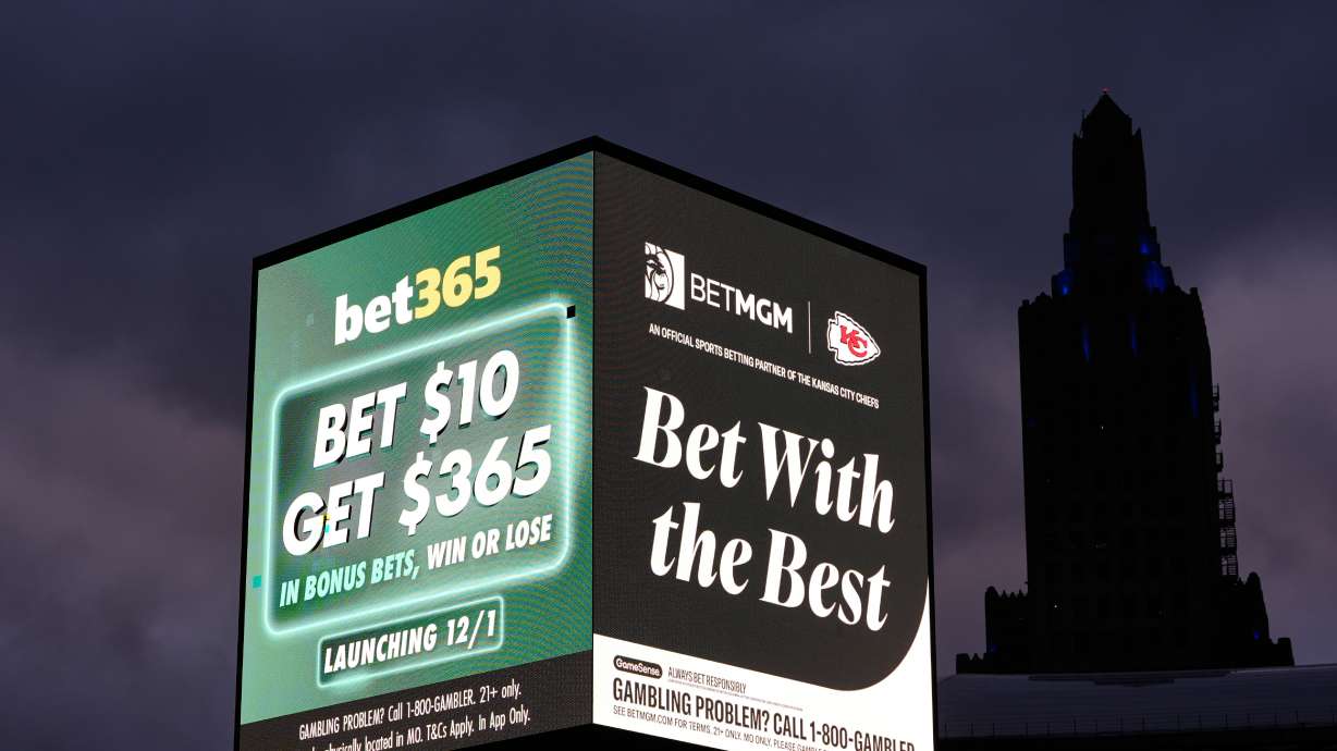 Advertisements for sports betting apps are seen in Kansas City, Missouri, on Nov. 29, 2025. The Utah Legislature is taking steps to ban proposition betting in the state.