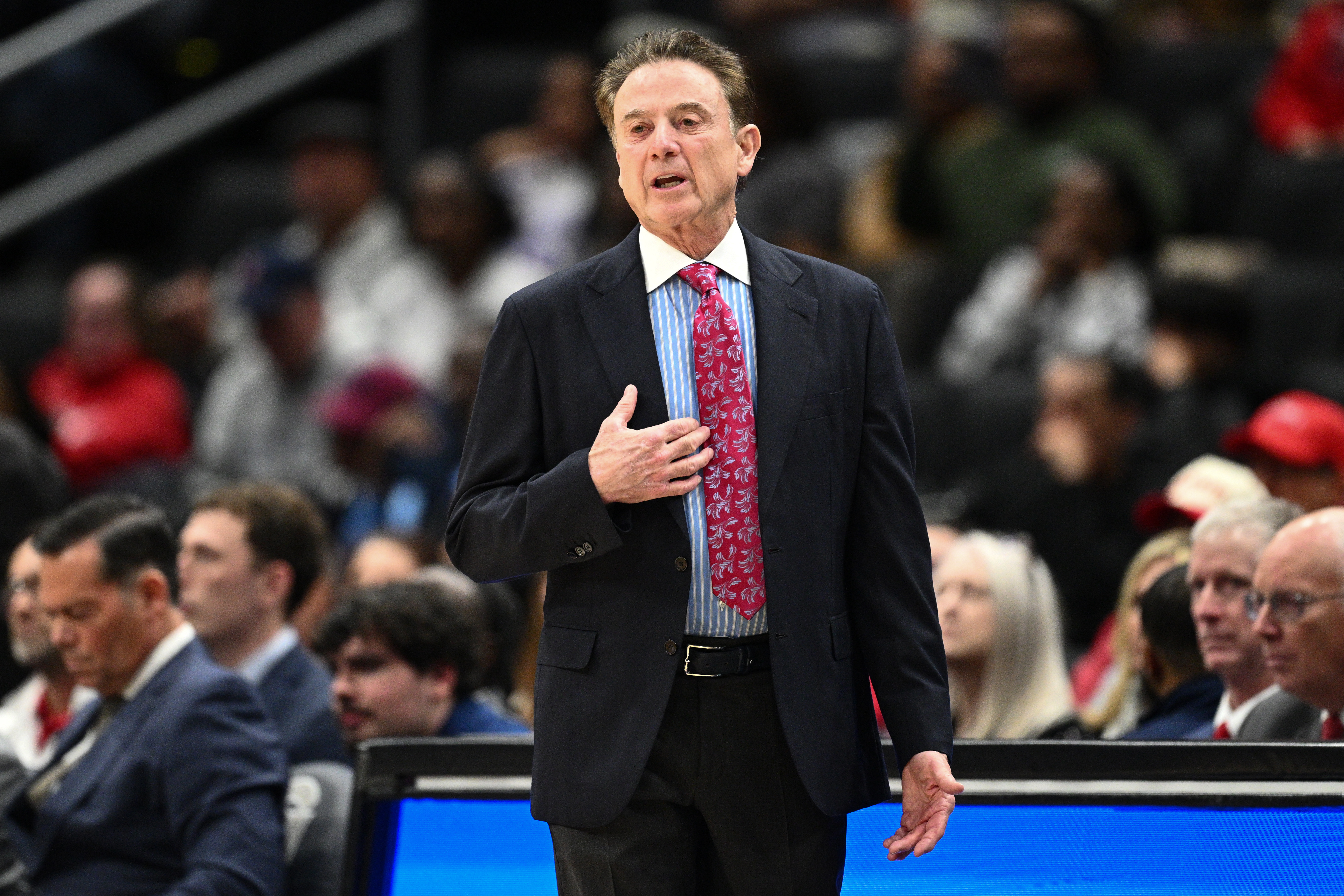 St. John's head coach Rick Pitino gestures during the first half of an NCAA college basketball game against Georgetown, Wednesday, Dec. 31, 2025, in Washington. 