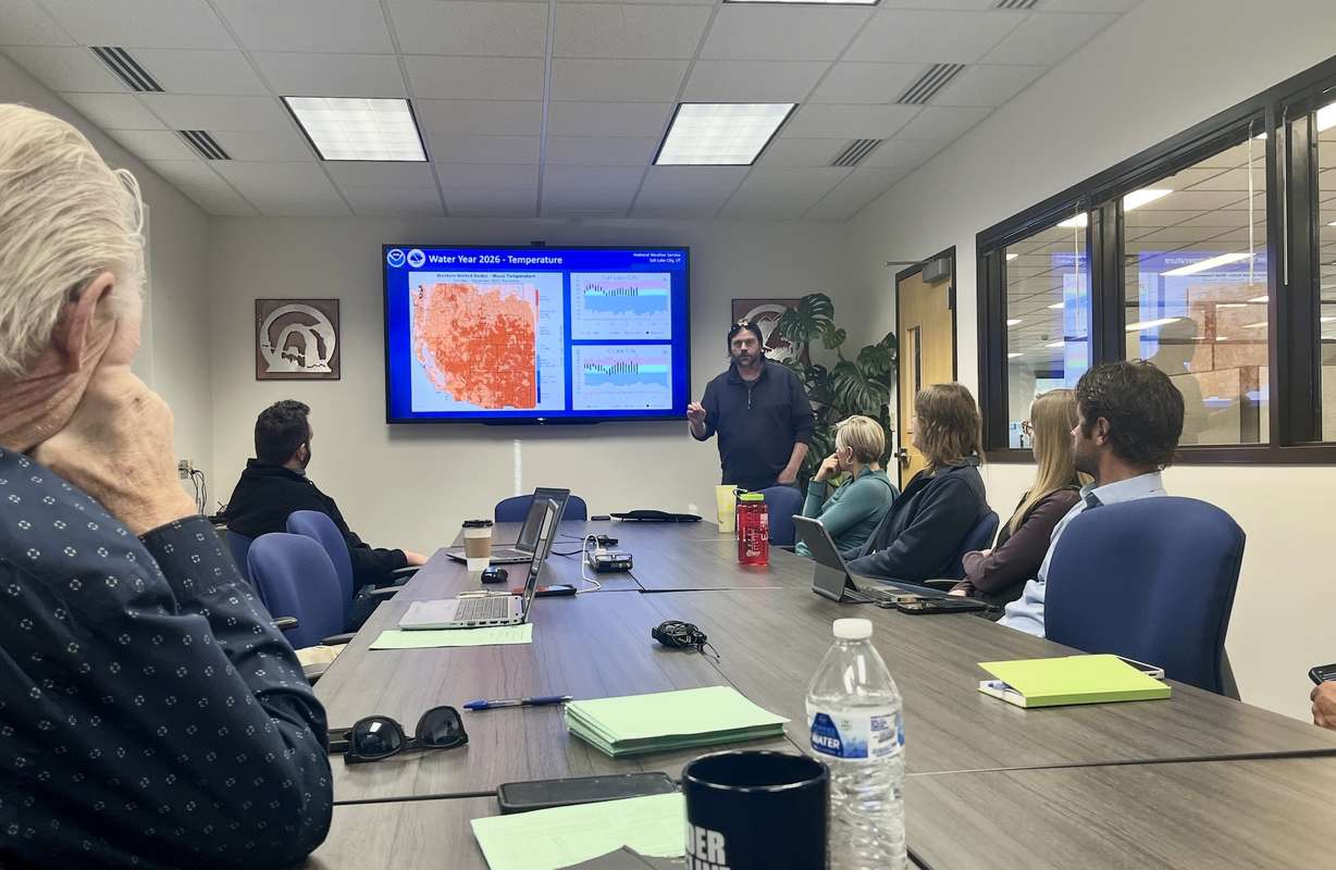 Glen Merrill, a hydrologist for the National Weather Service, speaks at a water availability meeting at the National Weather Service office in Salt Lake City on Thursday. Utah's snowpack remains at 63% of normal, and is likely drop to record-low levels by February.