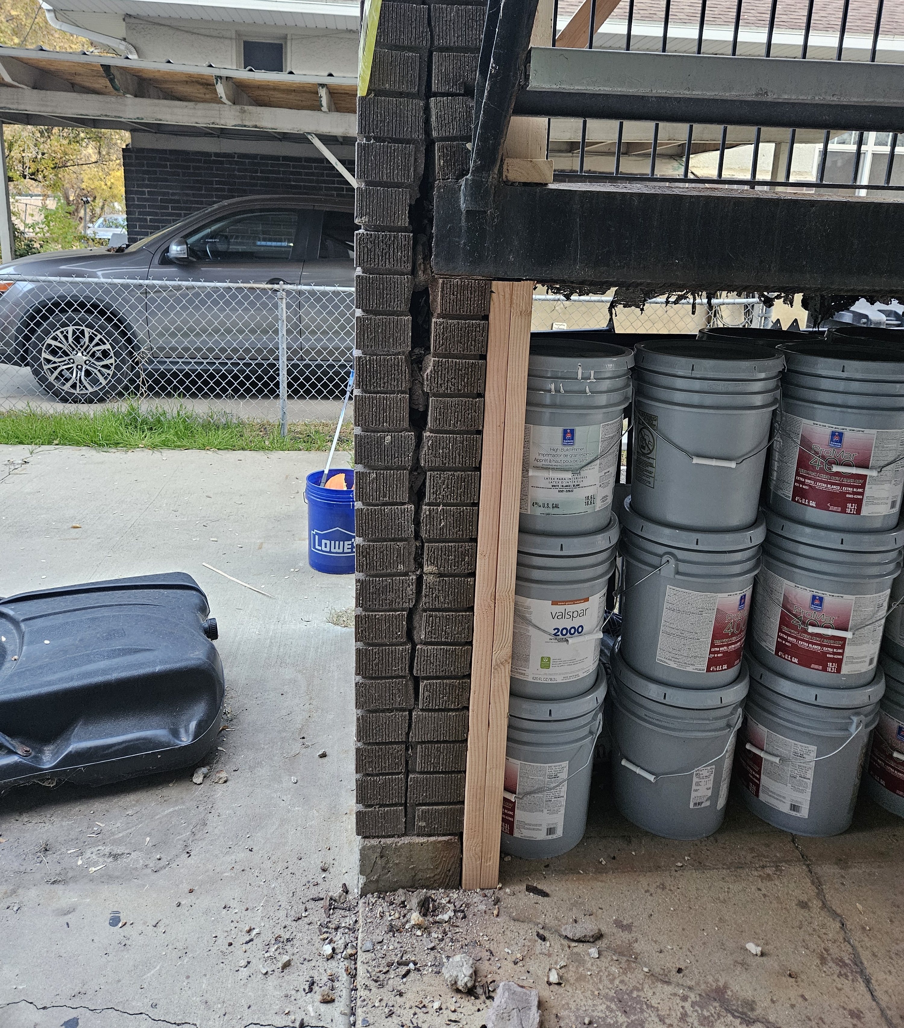 A Brookview Apartment stairwell with cracked bricks is blocked off after tenants were forced to move out suddenly in November 2025.