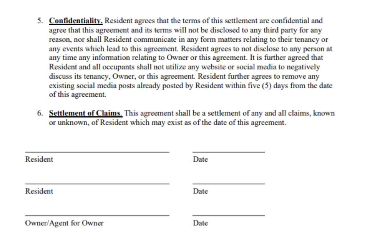 A termination lease agreement Redstone Residential sent to tenants who were forced to relocate out of Brookview Apartments due to an unstable staircase.