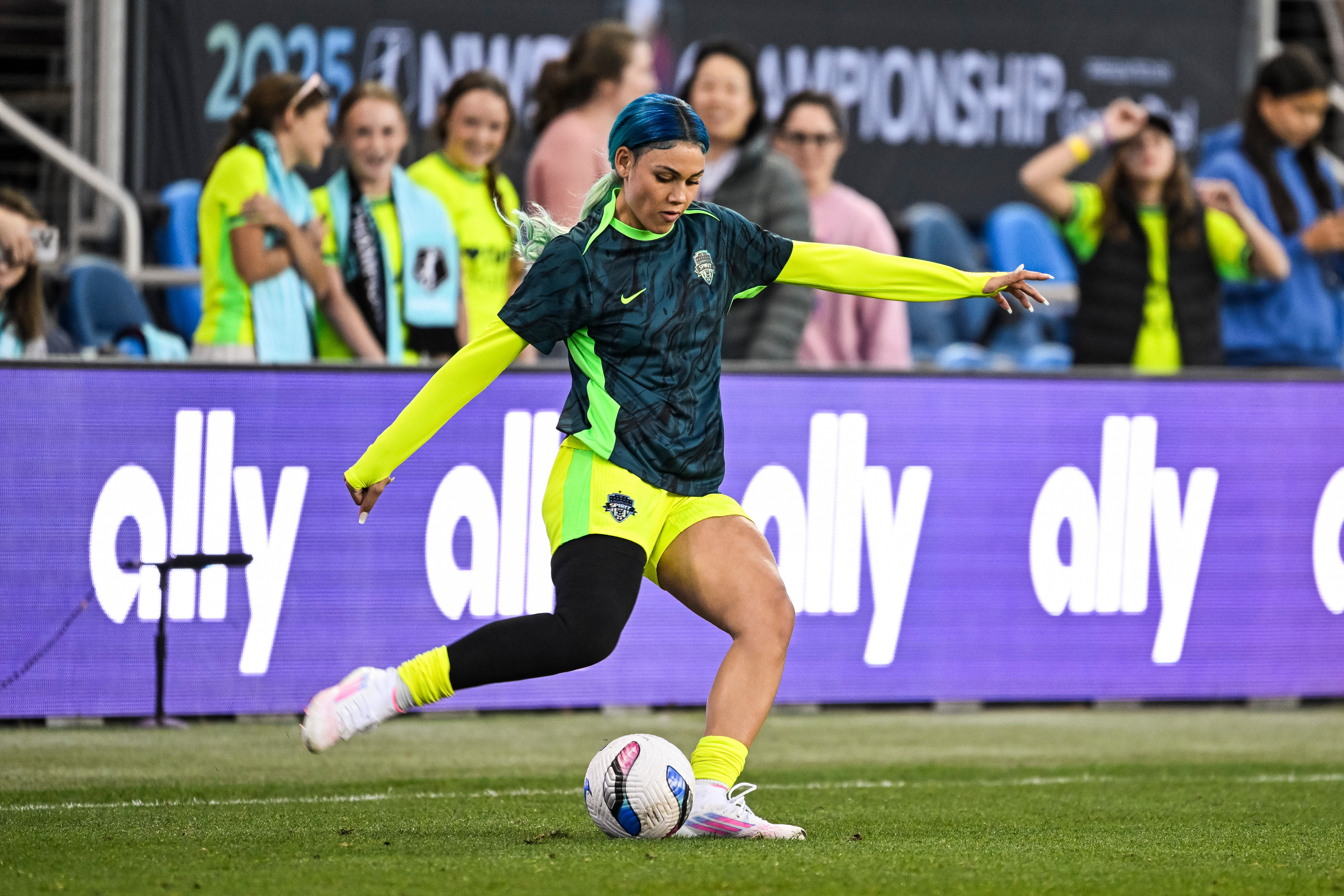 FILE - Washington Spirit forward Trinity Rodman (2) warms up before the NWSL women's championship soccer match against NJ/NY Gotham FC, Nov. 22, 2025, in San Jose, Calif. 
