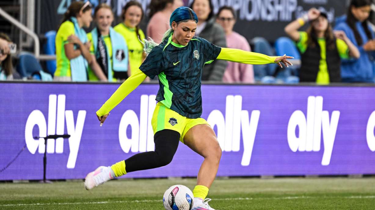 FILE - Washington Spirit forward Trinity Rodman (2) warms up before the NWSL women's championship soccer match against NJ/NY Gotham FC, Nov. 22, 2025, in San Jose, Calif.