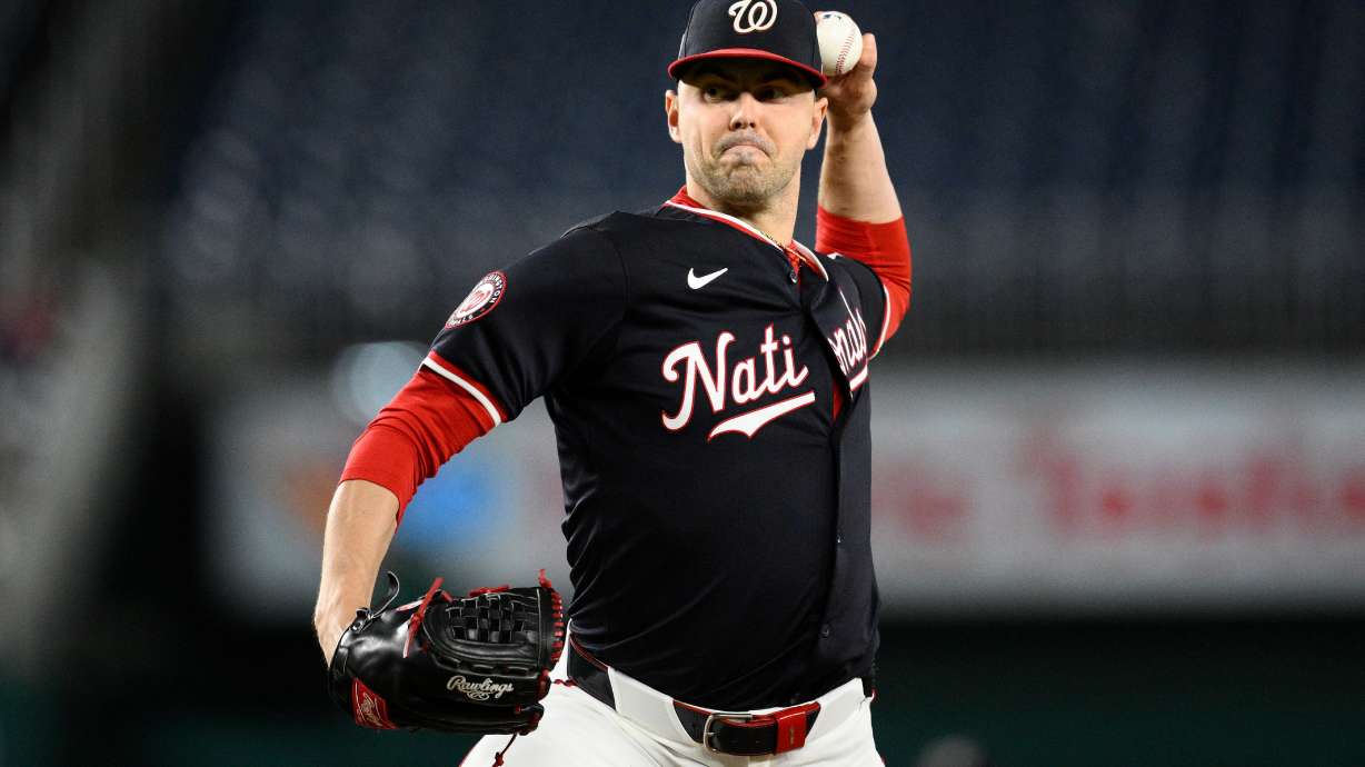 FILE - Washington Nationals starting pitcher MacKenzie Gore (1) throws during the second baseball game of a doubleheader against the Atlanta Braves, Sept. 16, 2025, in Washington.
