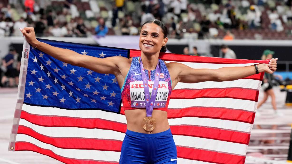 FILE - United States' Sydney McLaughlin-Levrone reacts after winning the gold medal in the women's 400 meters final at the World Athletics Championships in Tokyo, Sept. 18, 2025.