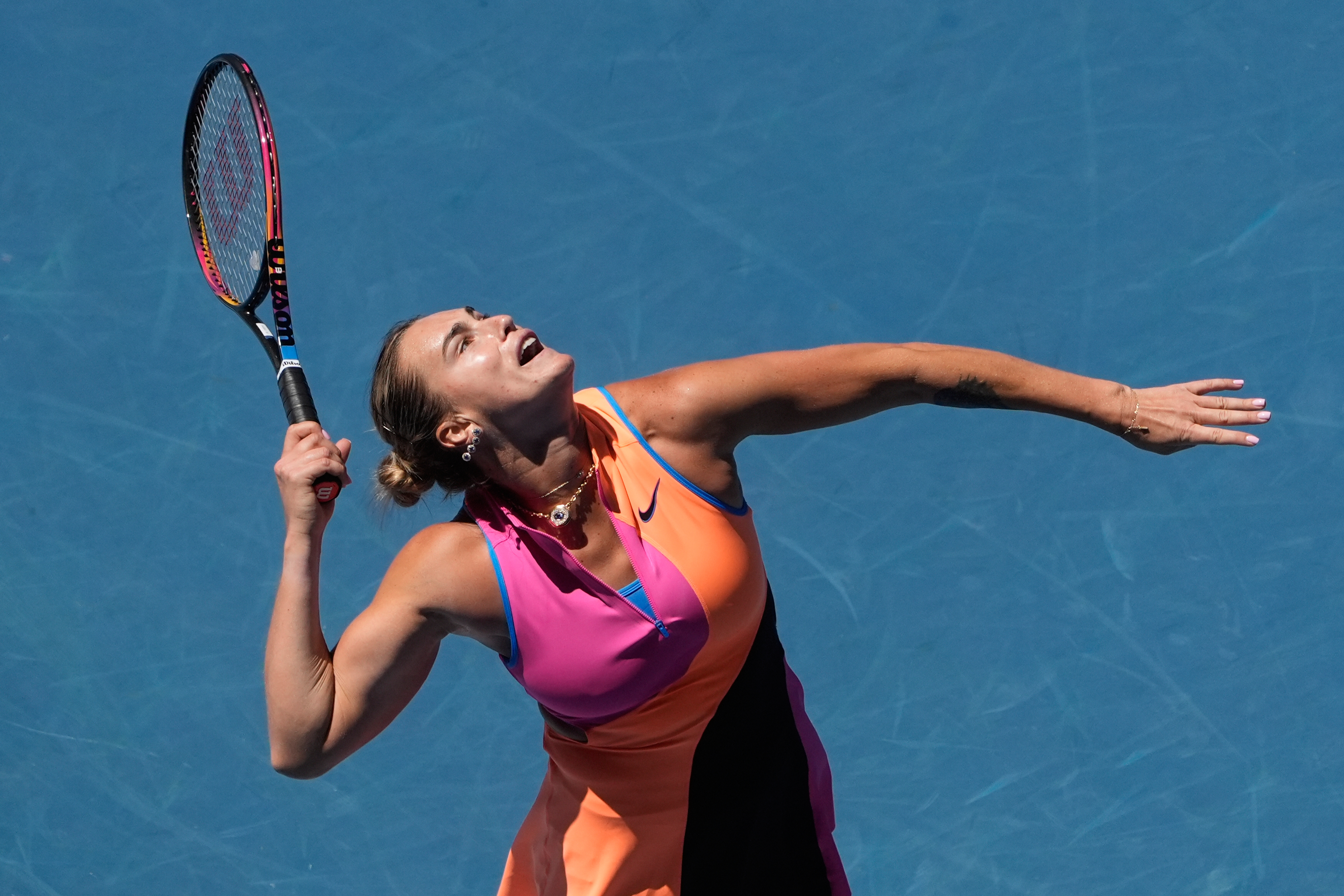 Aryna Sabalenka of Belarus serves to Anastasia Potapova of Austria during their third round match at the Australian Open tennis championship in Melbourne, Australia, Friday, Jan. 23, 2026. 