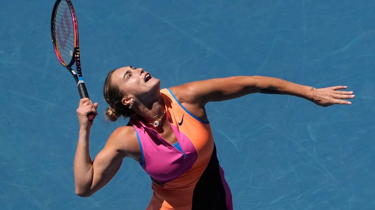 Aryna Sabalenka of Belarus serves to Anastasia Potapova of Austria during their third round match at the Australian Open tennis championship in Melbourne, Australia, Friday, Jan. 23, 2026.
