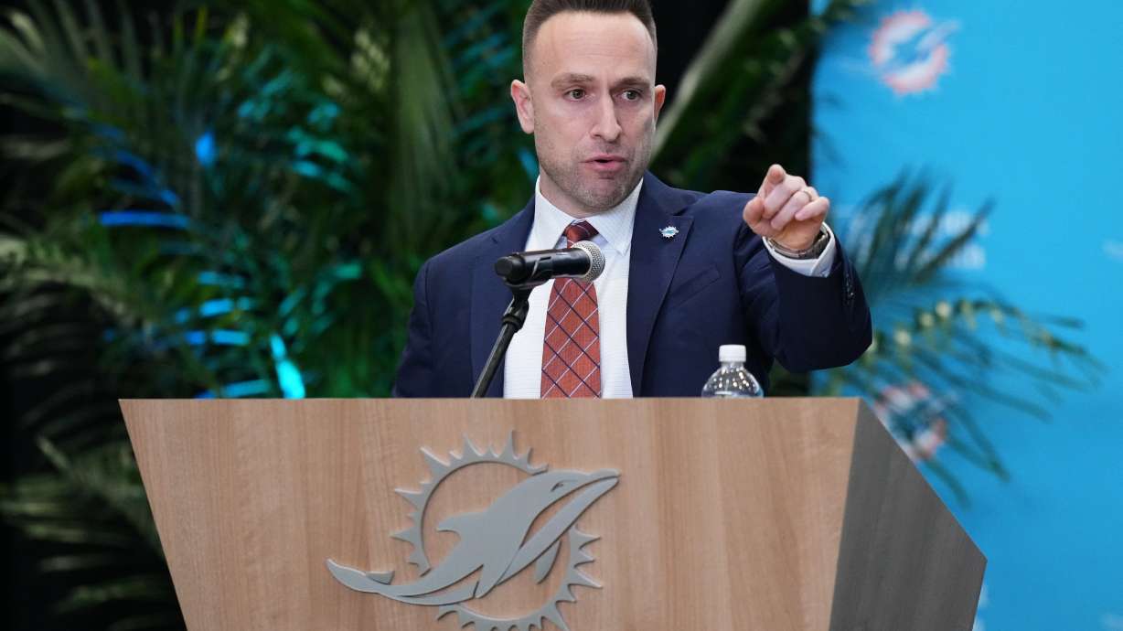 Miami Dolphins head coach Jeff Hafley speaks during a news conference at the teams NFL football training facility, Thursday, Jan. 22, 2026, in Miami Gardens, Fla.