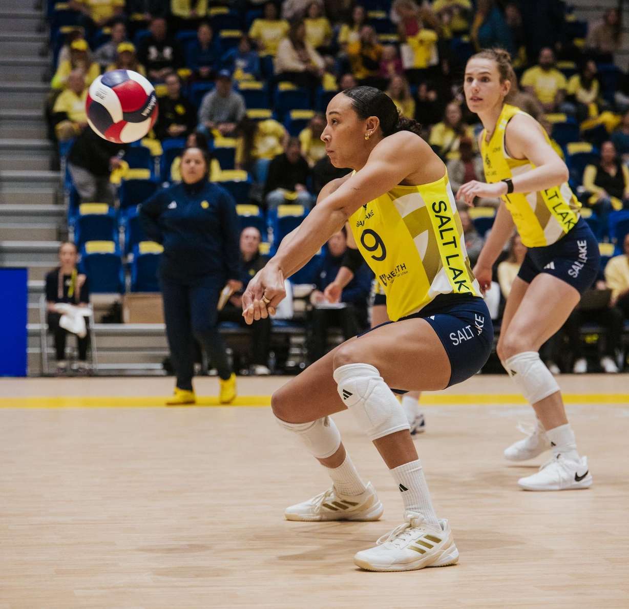 Former BYU All-American outside hitter Alexa Gray digs a ball during LOVB Salt Lake's home opener against LOVB Houston in a League One Volleyball match, Thursday, Jan. 22, 2026 at Salt Lake Community College's Bruin Arena in Taylorsville, Utah.