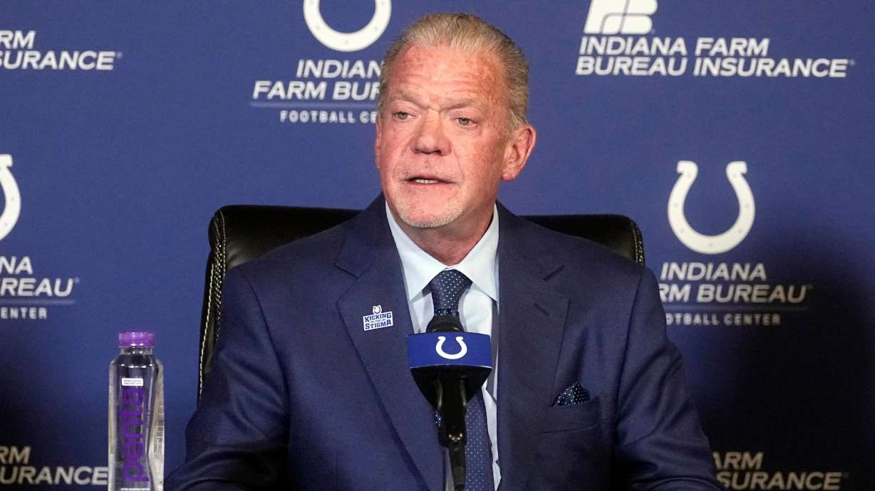 FILE -Indianapolis Colts owner Jim Irsay speaks during a news conference at the NFL football team's practice facility Nov. 7, 2022, in Indianapolis.