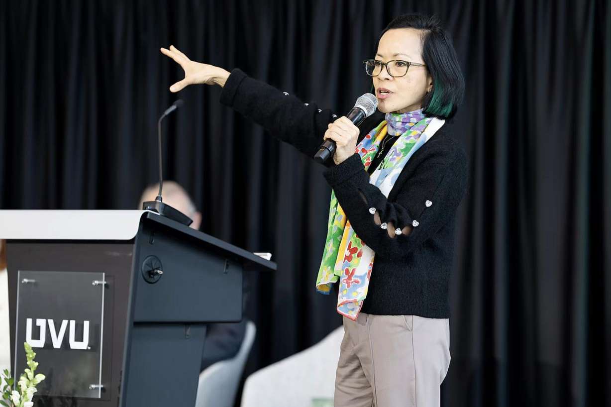 Utah Valley University President Astrid S. Tuminez speaks during a ribbon-cutting ceremony for the Scott M. Smith Building for the Smith College of Engineering & Technology held on UVU's campus in Orem on Thursday.