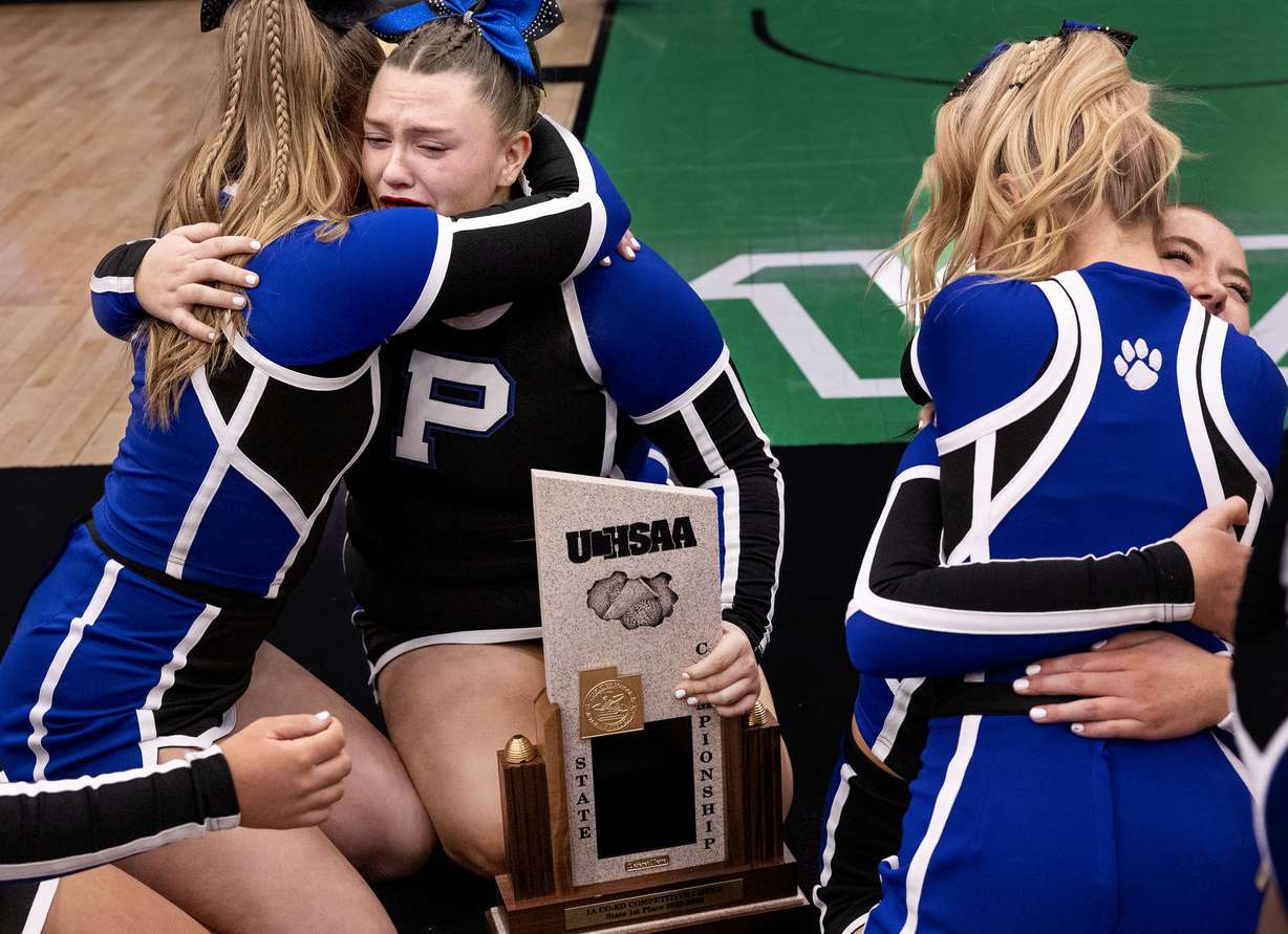 Panguitch celebrates their 1A co-ed competitive cheer first place title at the UCCU Center at UVU in Orem on Friday, Jan. 23, 2026.