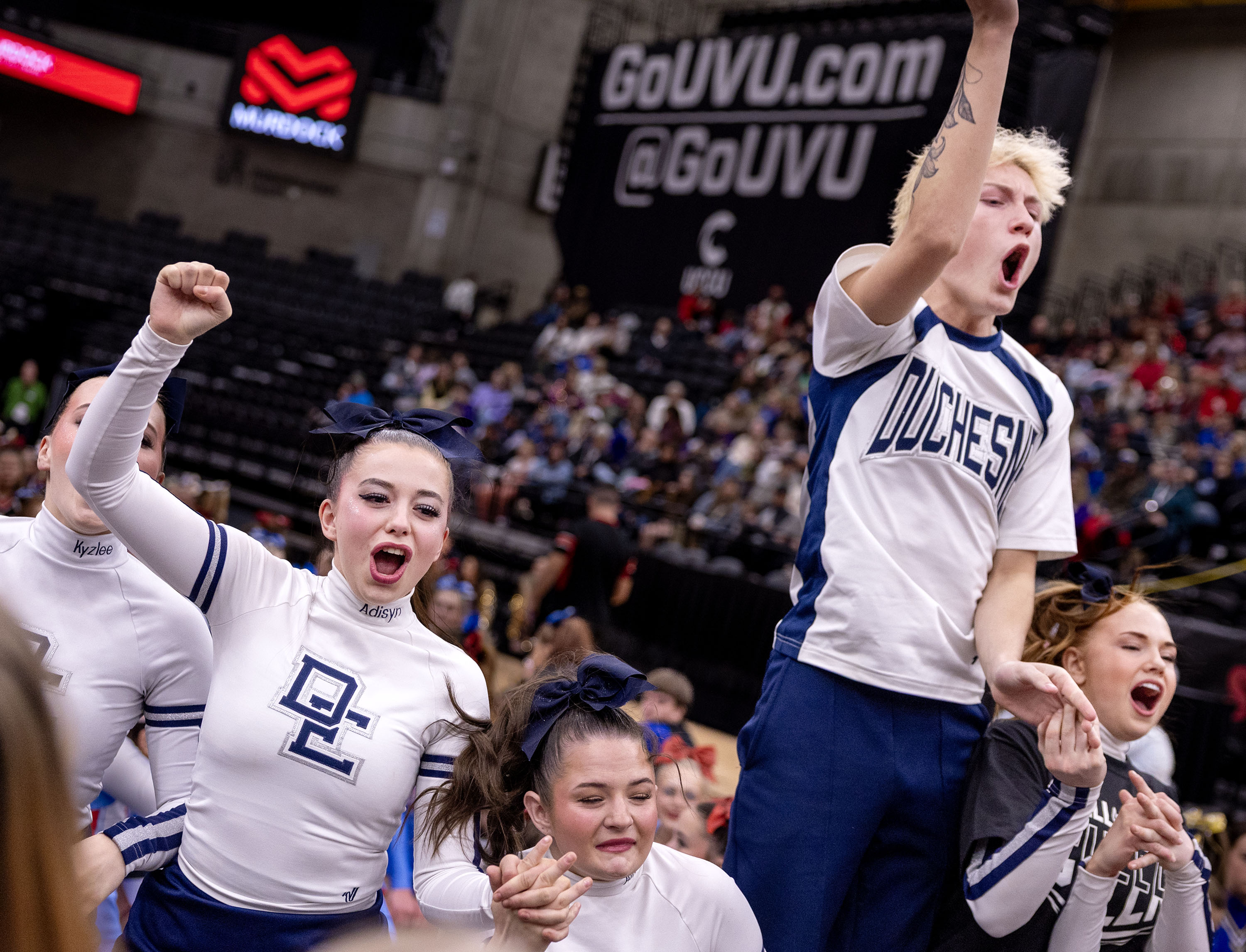 Duchesne celebrates their 2A co-ed competitive cheer first place state title at the UCCU Center at UVU in Orem on Friday, Jan. 23, 2026.