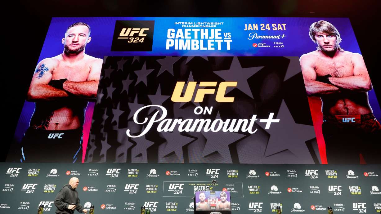 UFC President Dana White heads onto the stage before a news conference for UFC 324 Thursday, Jan. 22, 2026, in Las Vegas.