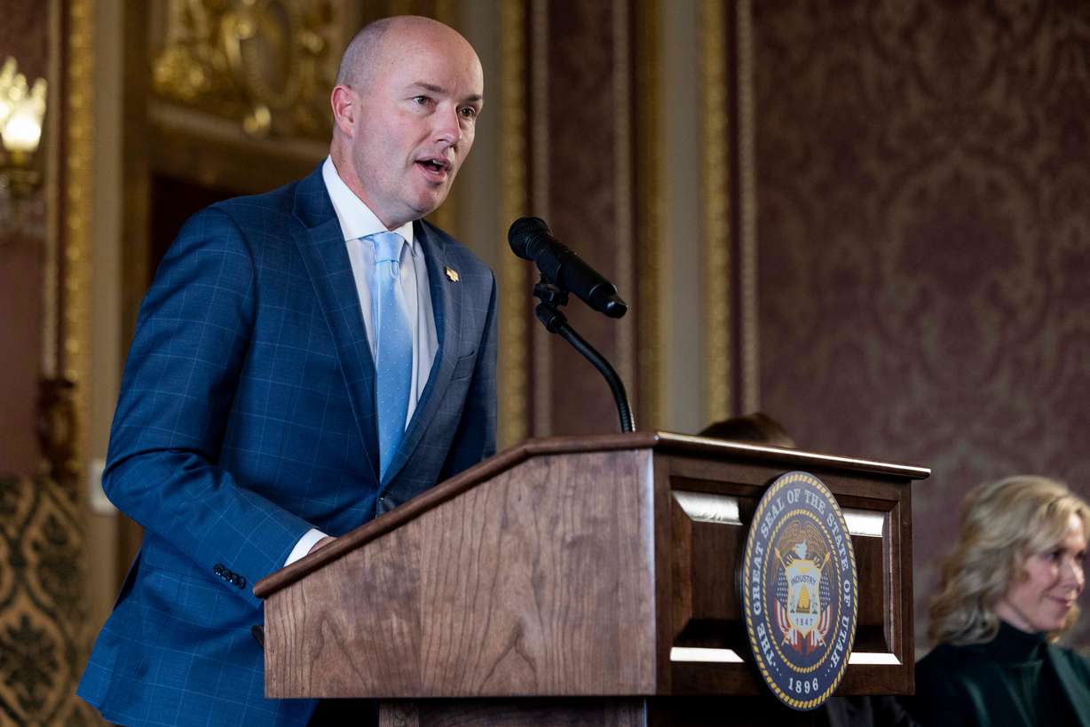 Gov. Spencer Cox speaks during a press conference for the signing of Utah’s Higher Education Resolution in the Gold Room of the Capitol in Salt Lake City on Friday.