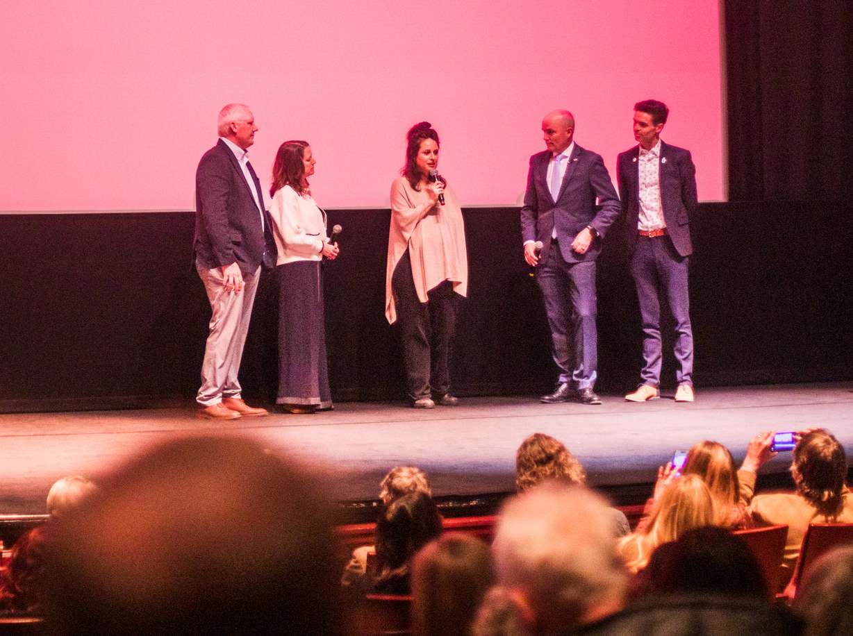 "The Lake" director Abby Ellis, center, speaks during a panel discussion about the documentary at Rose Wagner Performing Arts Center in Salt Lake City on Friday. Ellis is joined on stage by, from left to right, Great Salt Lake Commissioner Brian Steed, Westminster University professor Bonnie Baxter, Gov. Spencer Cox and BYU assistant professor Ben Abbott, all of whom have large roles in the documentary.