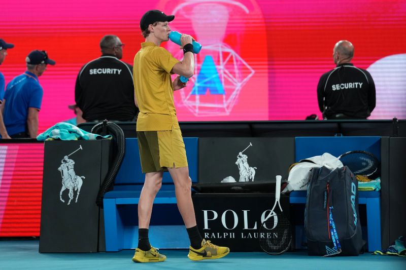 Jannik Sinner of Italy takes a drink during his third round match against Eliot Spizzirri of the U.S. at the Australian Open tennis championship in Melbourne, Australia, Saturday, Jan. 24, 2026. - AP Photo/Dita Alangkara