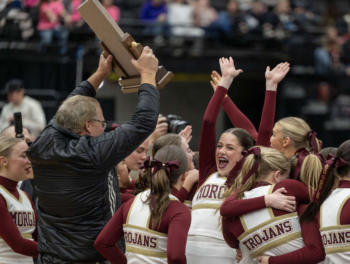 Morgan celebrates their all-girl state championship in 3A at UVU in Orem on Friday, Jan. 23, 2026.